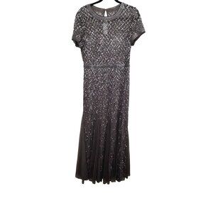 Adrianna Papell Beaded Short Sleeve Gown Size 12 Gray Elegant Formal Dress
